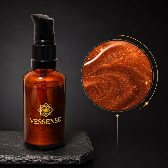 VESSENSE L'HUILE BRONZE GRAND LARGE en flacon de verre ambré 50 ml avec pompe noire, près d'un gros plan de fines nacres bronze dorées