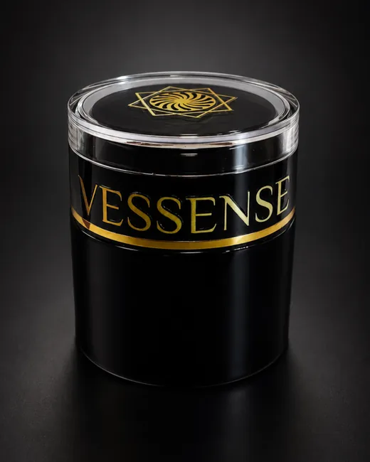 Pot VESSENSE en verre noir laqué aux lettres d'or, portrait studio