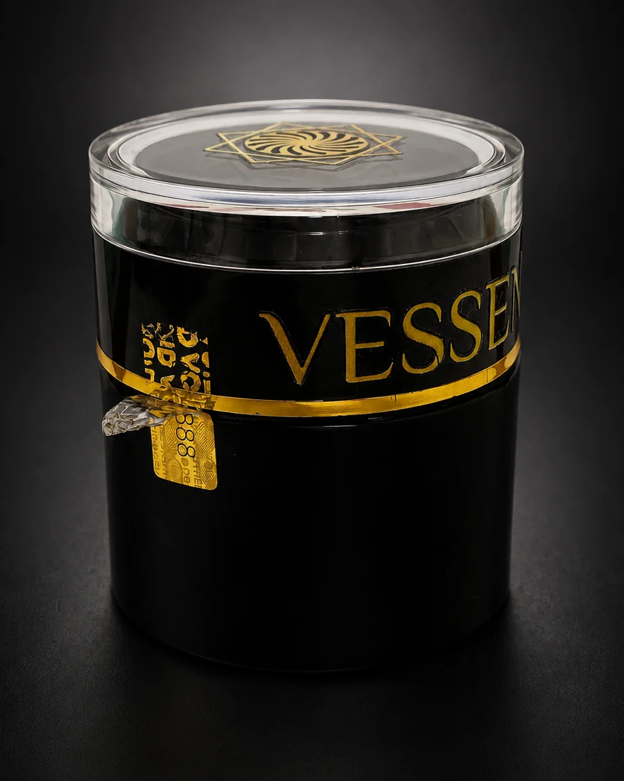 Pot VESSENSE avec le sceau de contrôle partiellement retiré, révélant la couche VOID dorée sous le numéro