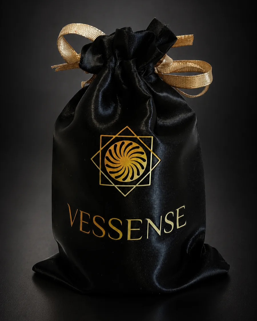 Pochette VESSENSE en satin noir avec emblème doré et ruban