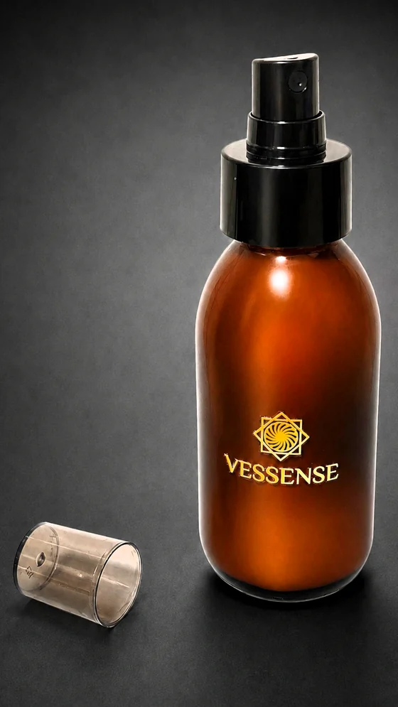 Lait solaire VESSENSE LE VOILE GRAND LARGE en flacon de 100 ml en verre ambré foncé avec pompe noire
