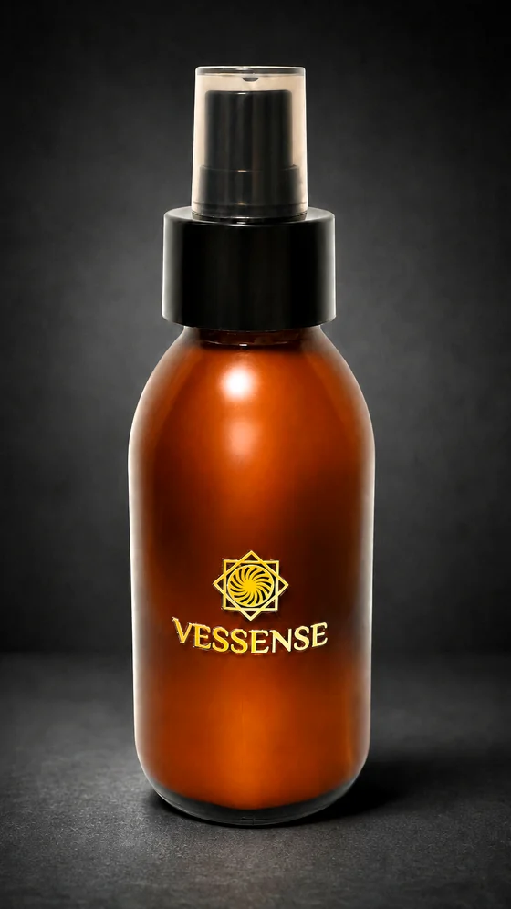Lait solaire VESSENSE LE VOILE GRAND LARGE en flacon de 100 ml en verre ambré foncé avec pompe noire
